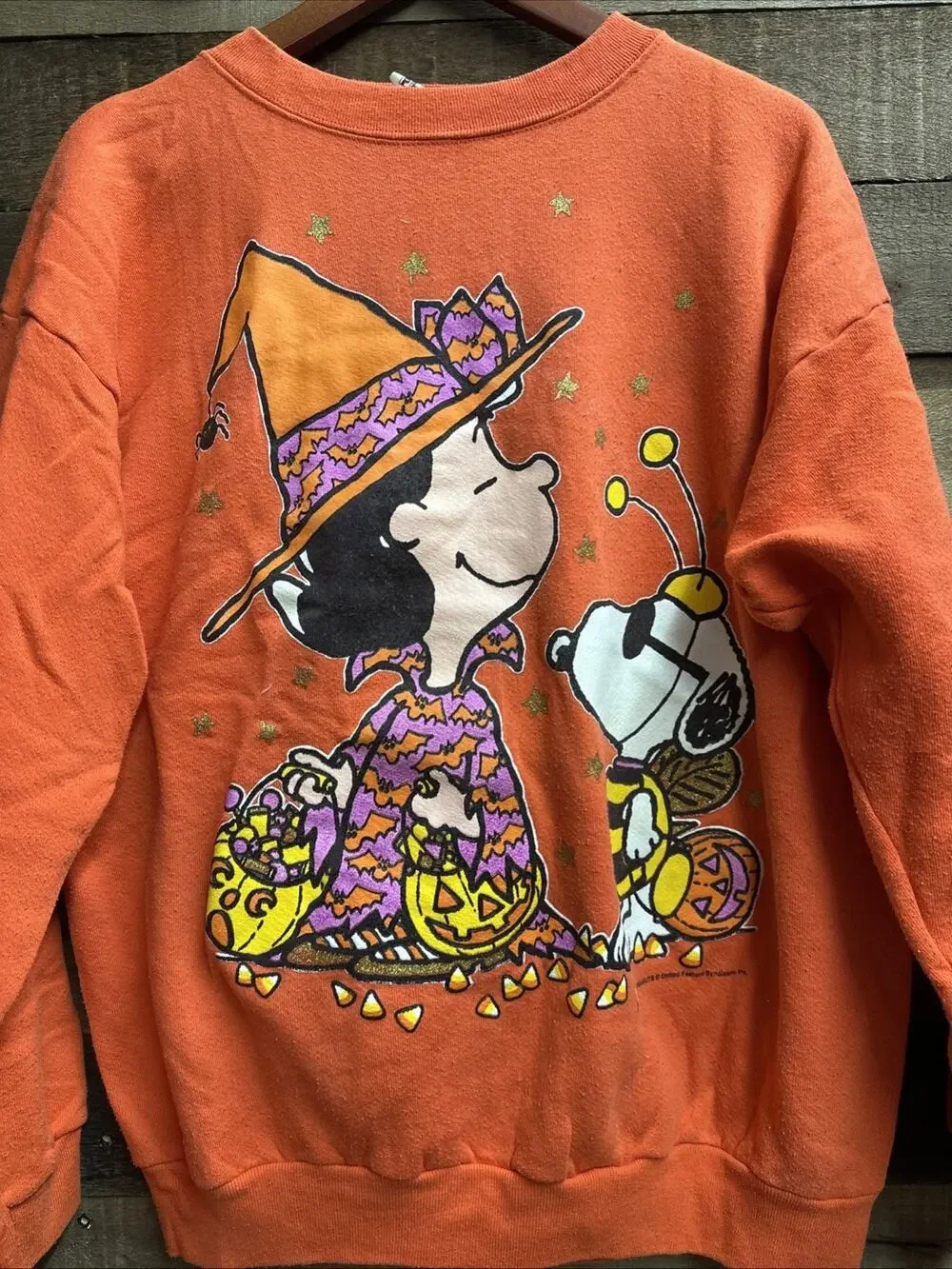 Vintage 90s Peanuts Snoopy Lucy Halloween Orange Sweatshirt XL - Picture 1 of 7